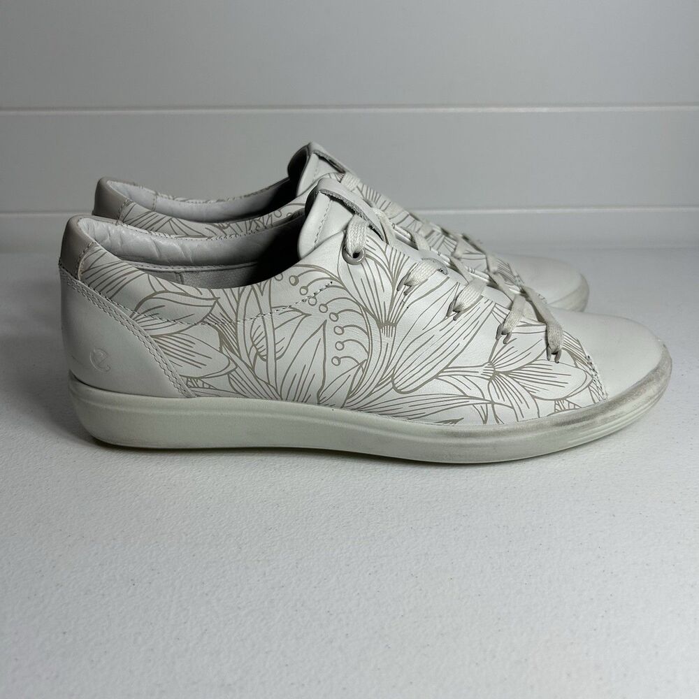 Ecco Soft 7 Women’s Sneakers Size 10 Extra Wide White Floral Leather Shoes